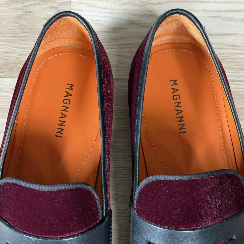 Magnanni Vale Shoes Mens Size 8 Red Black Velvet Leather Penny Loafers Preppy